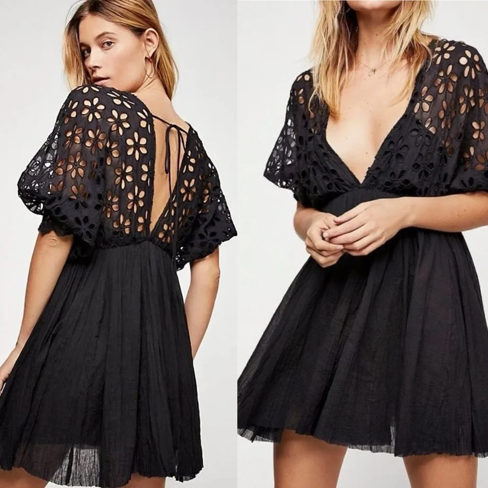 Free People Bella Notte Black Eyelet Mini Dress - Picture 4 of 16